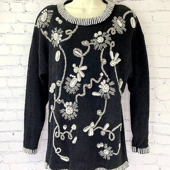 VINTAGE LISA ASHLEY ORIGINALS PEARL BEADED SWEATER - M - Picture 2 of 5